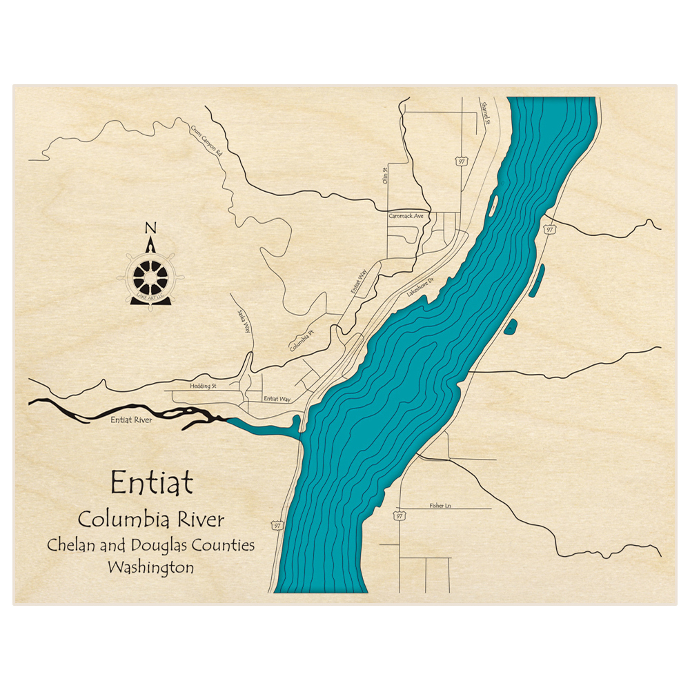 Bathymetric topo map of City of Entiat on the Columbia River  with roads, towns and depths noted in blue water