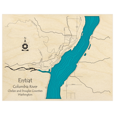 Bathymetric topo map of City of Entiat on the Columbia River  with roads, towns and depths noted in blue water