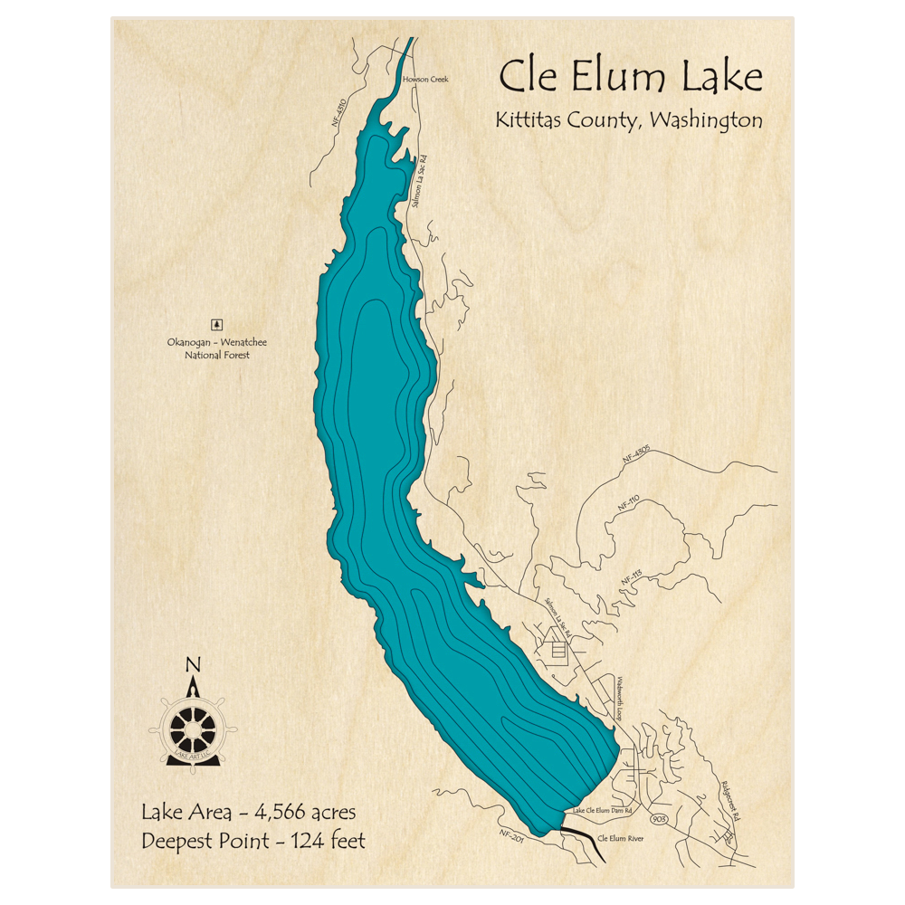Bathymetric topo map of Lake Cle Elum  with roads, towns and depths noted in blue water