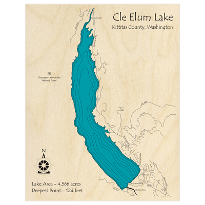 Bathymetric topo map of Lake Cle Elum  with roads, towns and depths noted in blue water