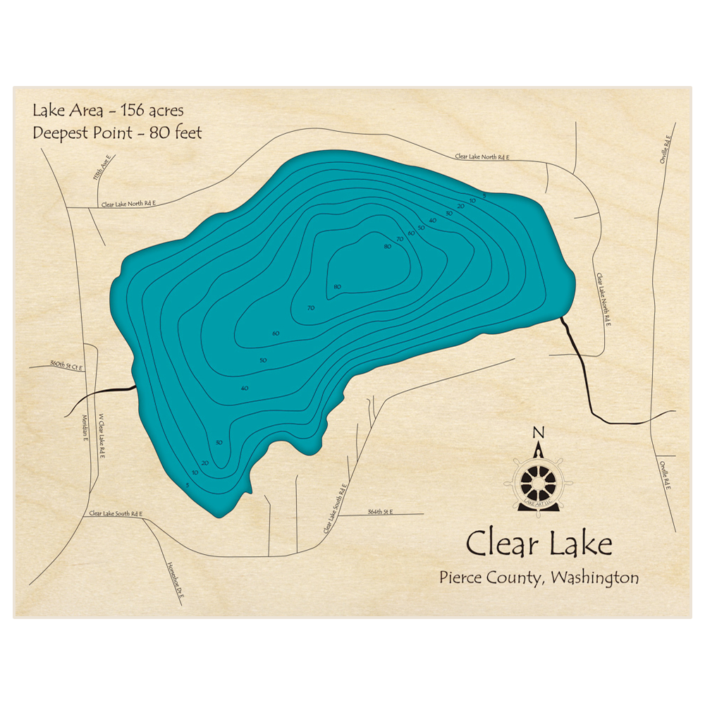 Bathymetric topo map of Clear Lake with roads, towns and depths noted in blue water
