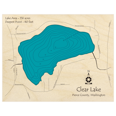 Bathymetric topo map of Clear Lake with roads, towns and depths noted in blue water