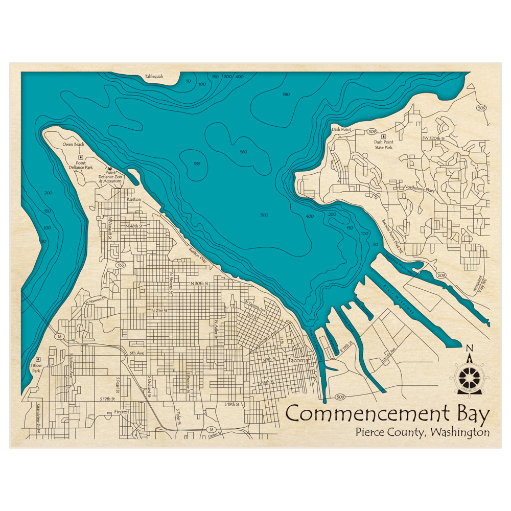 Bathymetric topo map of Commencement Bay with roads, towns and depths noted in blue water