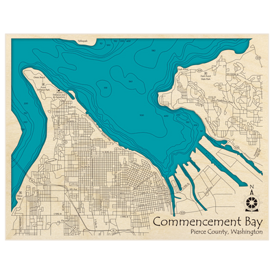 Bathymetric topo map of Commencement Bay with roads, towns and depths noted in blue water