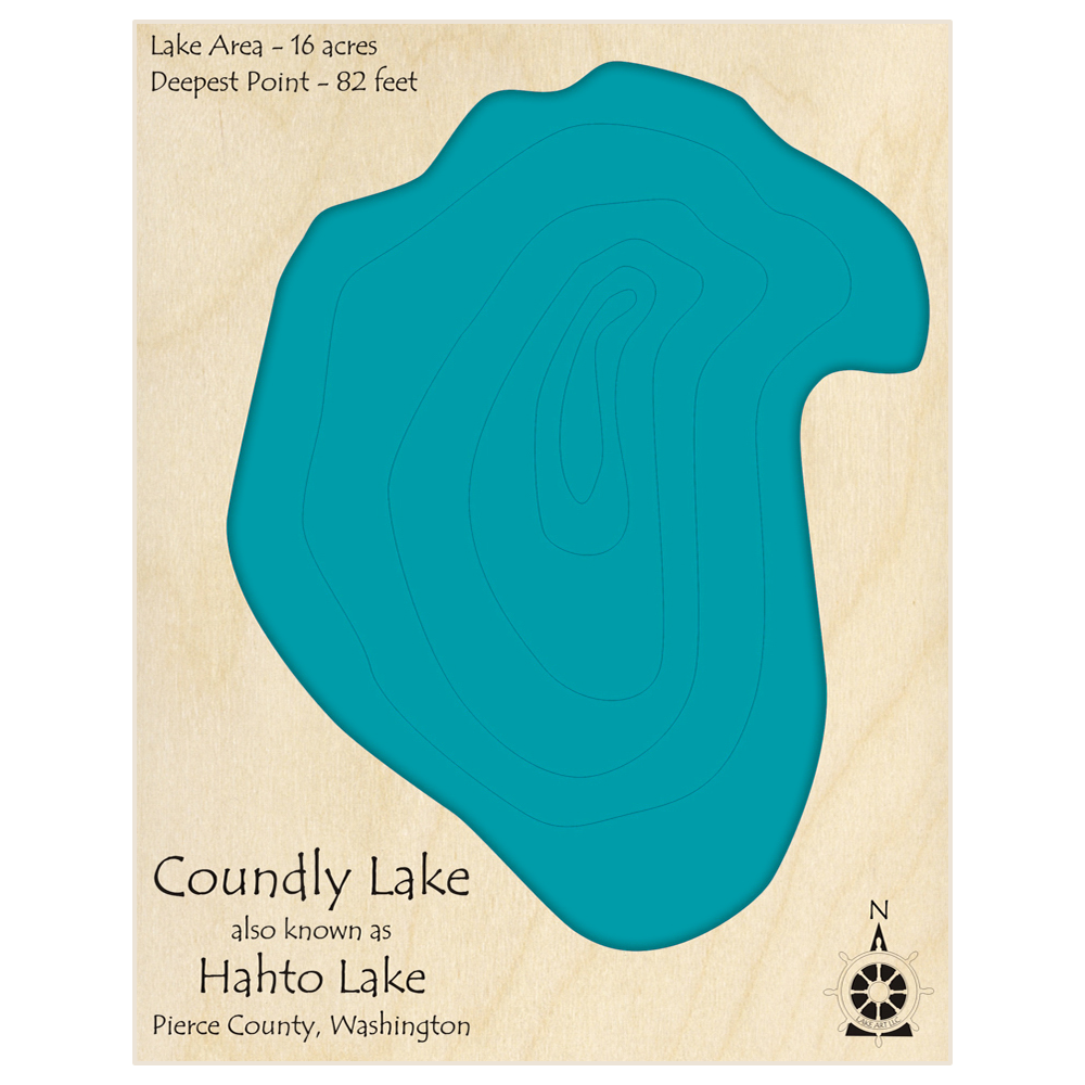 Bathymetric topo map of Coundly Lake (aka Hahto Lake) with roads, towns and depths noted in blue water