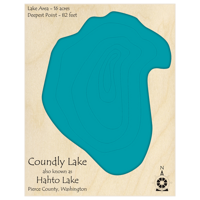 Bathymetric topo map of Coundly Lake (aka Hahto Lake) with roads, towns and depths noted in blue water