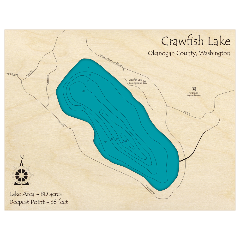Bathymetric topo map of Crawfish Lake with roads, towns and depths noted in blue water