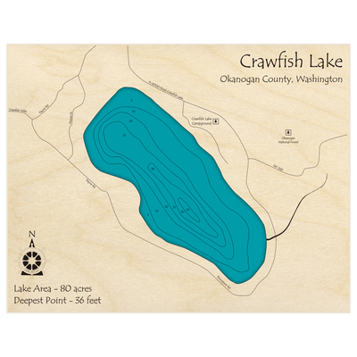 Bathymetric topo map of Crawfish Lake with roads, towns and depths noted in blue water