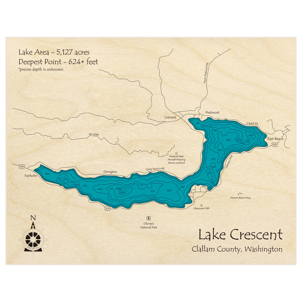 Bathymetric topo map of Lake Crescent with roads, towns and depths noted in blue water