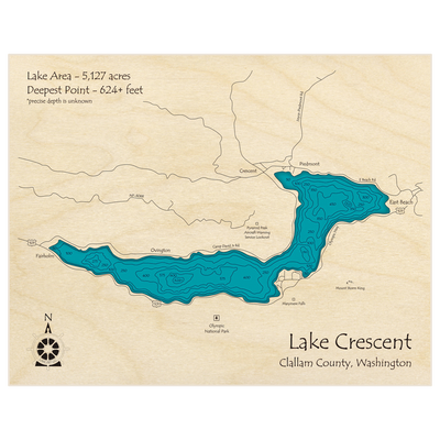 Bathymetric topo map of Lake Crescent with roads, towns and depths noted in blue water