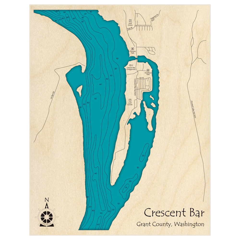 Bathymetric topo map of Crescent Bar with roads, towns and depths noted in blue water
