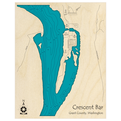 Bathymetric topo map of Crescent Bar with roads, towns and depths noted in blue water