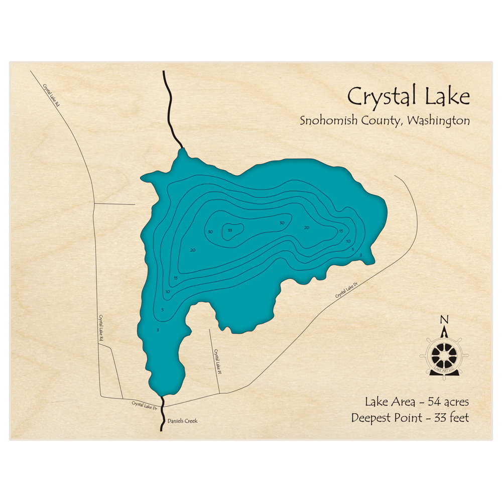 Bathymetric topo map of Crystal Lake with roads, towns and depths noted in blue water
