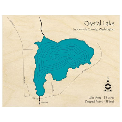 Bathymetric topo map of Crystal Lake with roads, towns and depths noted in blue water