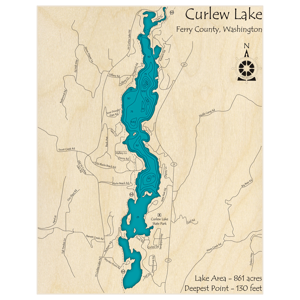Bathymetric topo map of Curlew Lake with roads, towns and depths noted in blue water