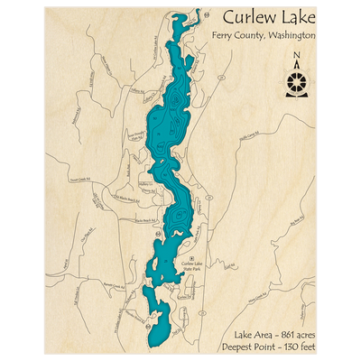 Bathymetric topo map of Curlew Lake with roads, towns and depths noted in blue water