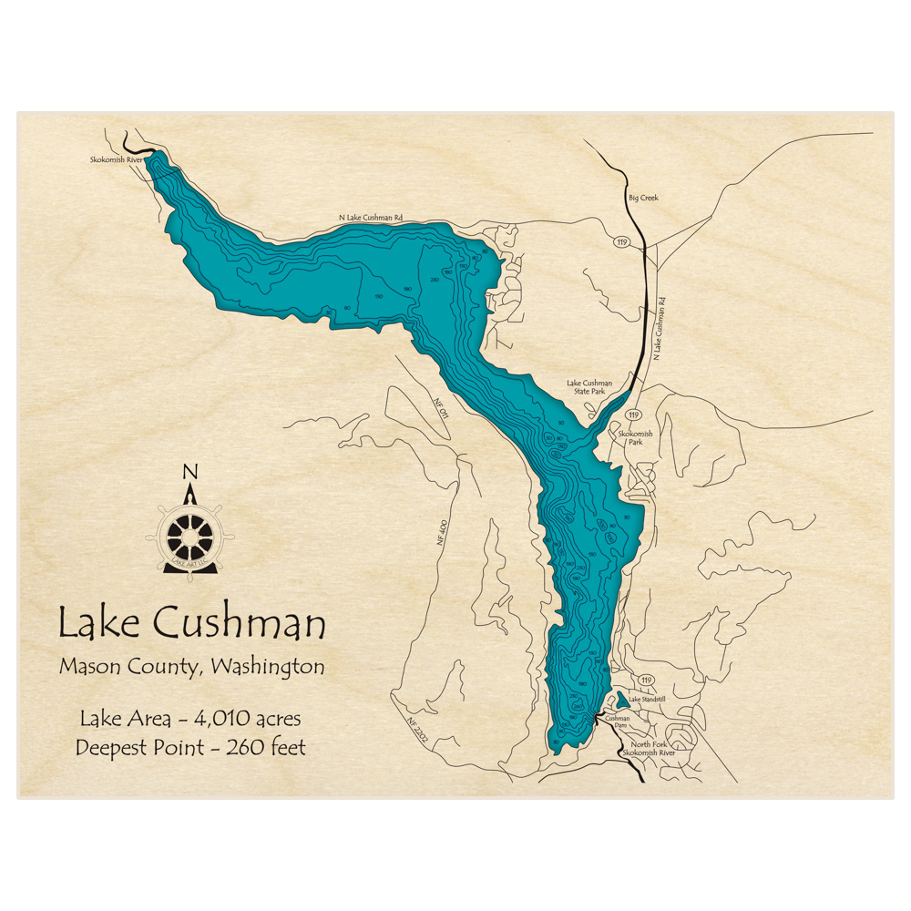 Bathymetric topo map of Lake Cushman with roads, towns and depths noted in blue water