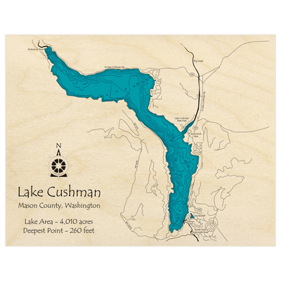 Bathymetric topo map of Lake Cushman with roads, towns and depths noted in blue water