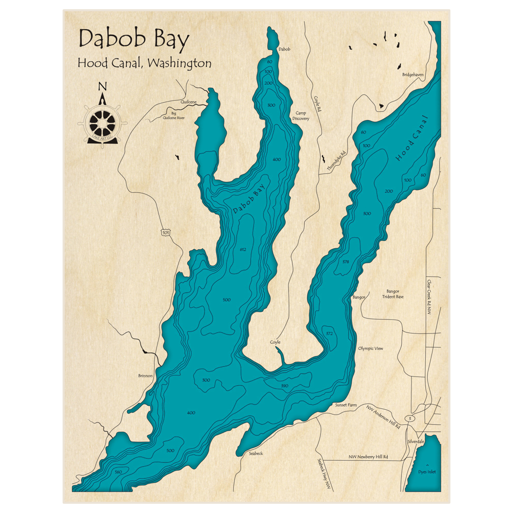 Bathymetric topo map of Dabob Bay with roads, towns and depths noted in blue water