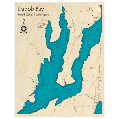 Bathymetric topo map of Dabob Bay with roads, towns and depths noted in blue water