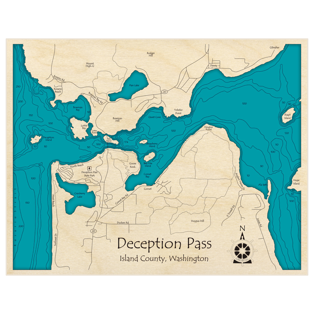 Bathymetric topo map of Deception Pass with roads, towns and depths noted in blue water
