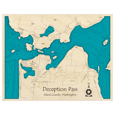 Bathymetric topo map of Deception Pass with roads, towns and depths noted in blue water