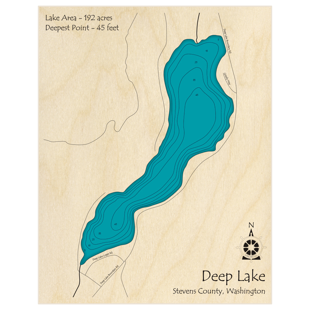 Bathymetric topo map of Deep Lake with roads, towns and depths noted in blue water