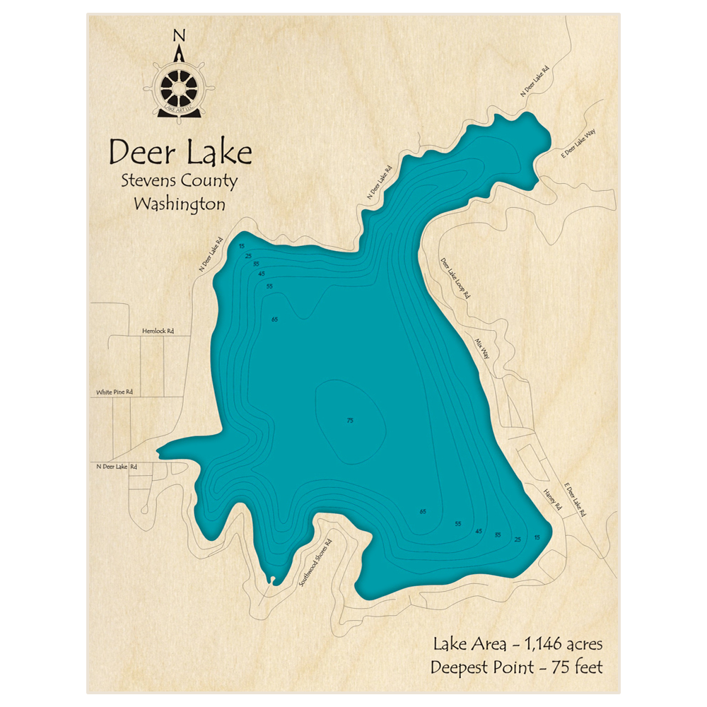 Bathymetric topo map of Deer Lake with roads, towns and depths noted in blue water