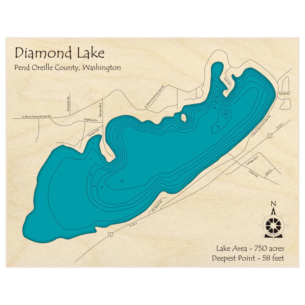 Bathymetric topo map of Diamond Lake with roads, towns and depths noted in blue water