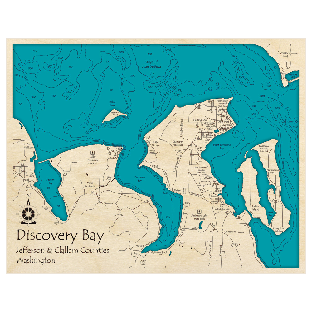 Bathymetric topo map of Discovery Bay with Sequim Bay and Port Townsend Bay with roads, towns and depths noted in blue water