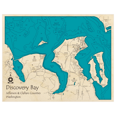 Bathymetric topo map of Discovery Bay with Sequim Bay and Port Townsend Bay with roads, towns and depths noted in blue water