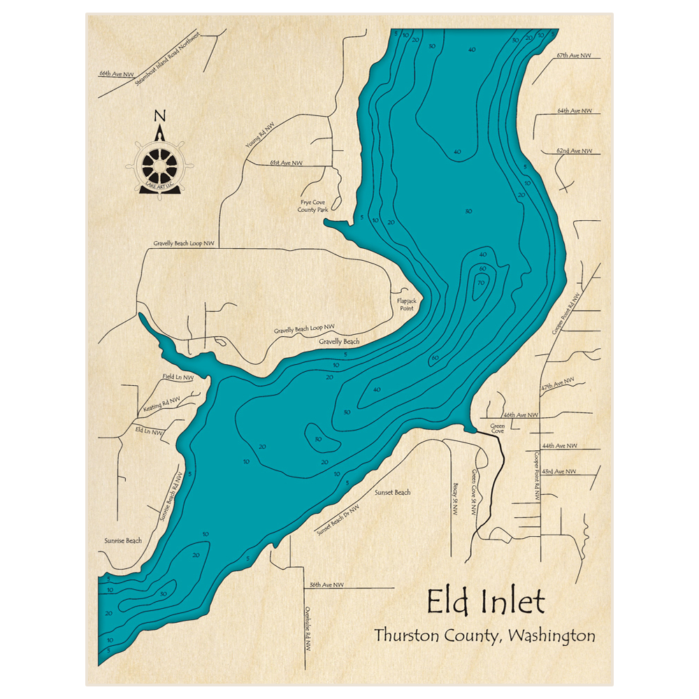 Bathymetric topo map of Eld Inlet with roads, towns and depths noted in blue water