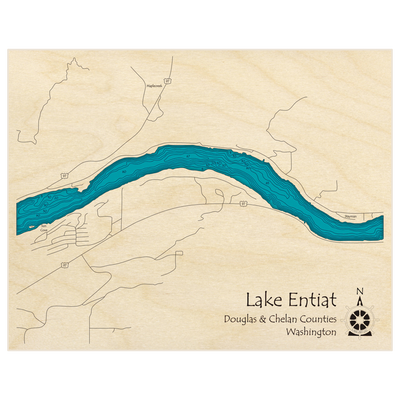 Bathymetric topo map of Lake Entiat (Sun Cove to Stayman) with roads, towns and depths noted in blue water