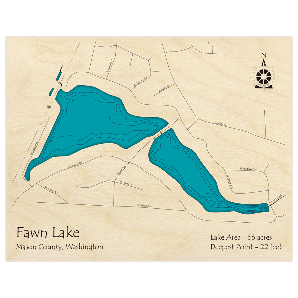Bathymetric topo map of Fawn Lake with roads, towns and depths noted in blue water