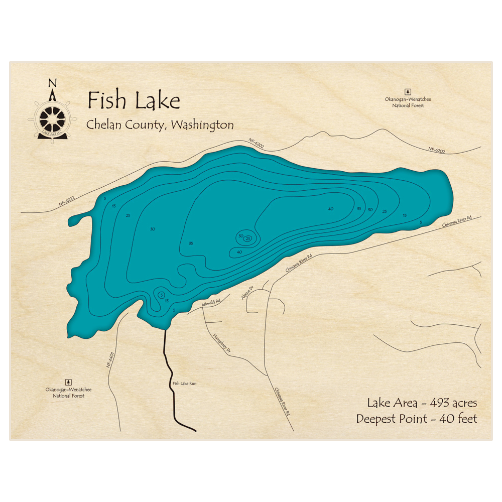 Bathymetric topo map of Fish Lake with roads, towns and depths noted in blue water