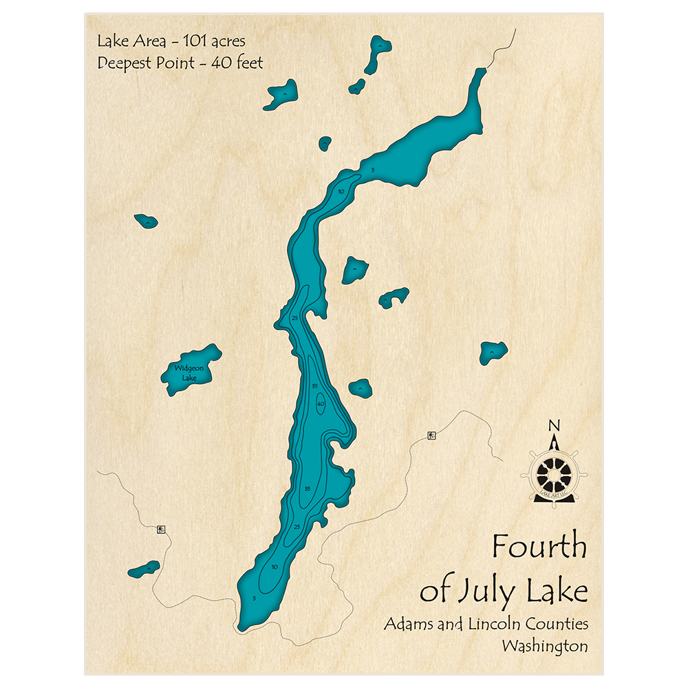 Bathymetric topo map of Fourth of July Lake with roads, towns and depths noted in blue water