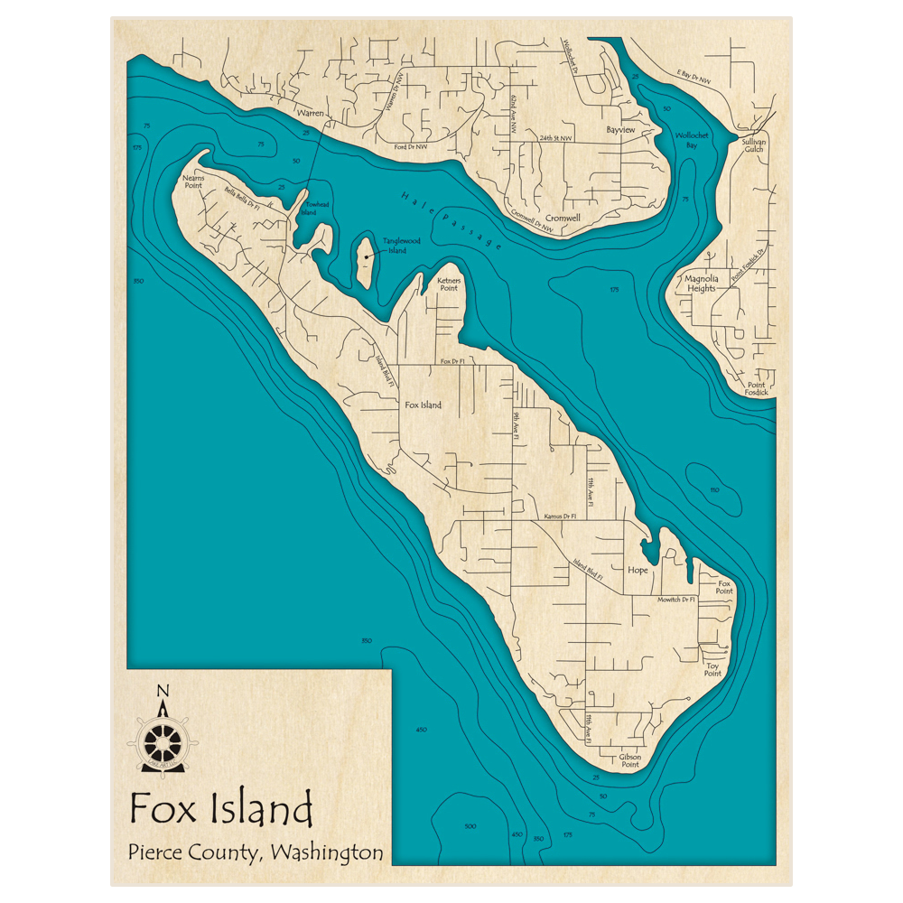 Bathymetric topo map of Fox Island with roads, towns and depths noted in blue water