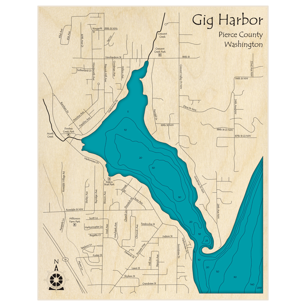 Bathymetric topo map of Gig Harbor with roads, towns and depths noted in blue water