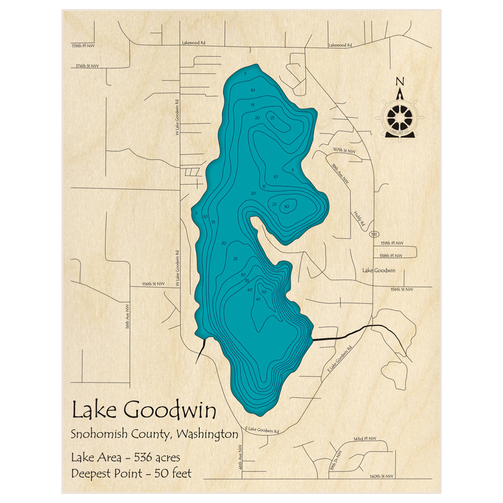 Bathymetric topo map of Lake Goodwin with roads, towns and depths noted in blue water