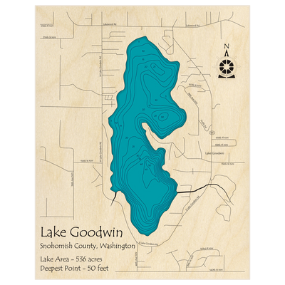 Bathymetric topo map of Lake Goodwin with roads, towns and depths noted in blue water