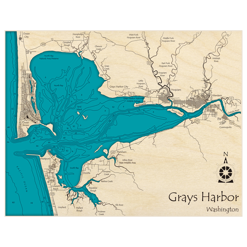 Bathymetric topo map of Grays Harbor with roads, towns and depths noted in blue water