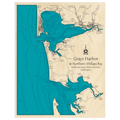 Bathymetric topo map of Grays Harbor and Northern Willapa Bay with roads, towns and depths noted in blue water