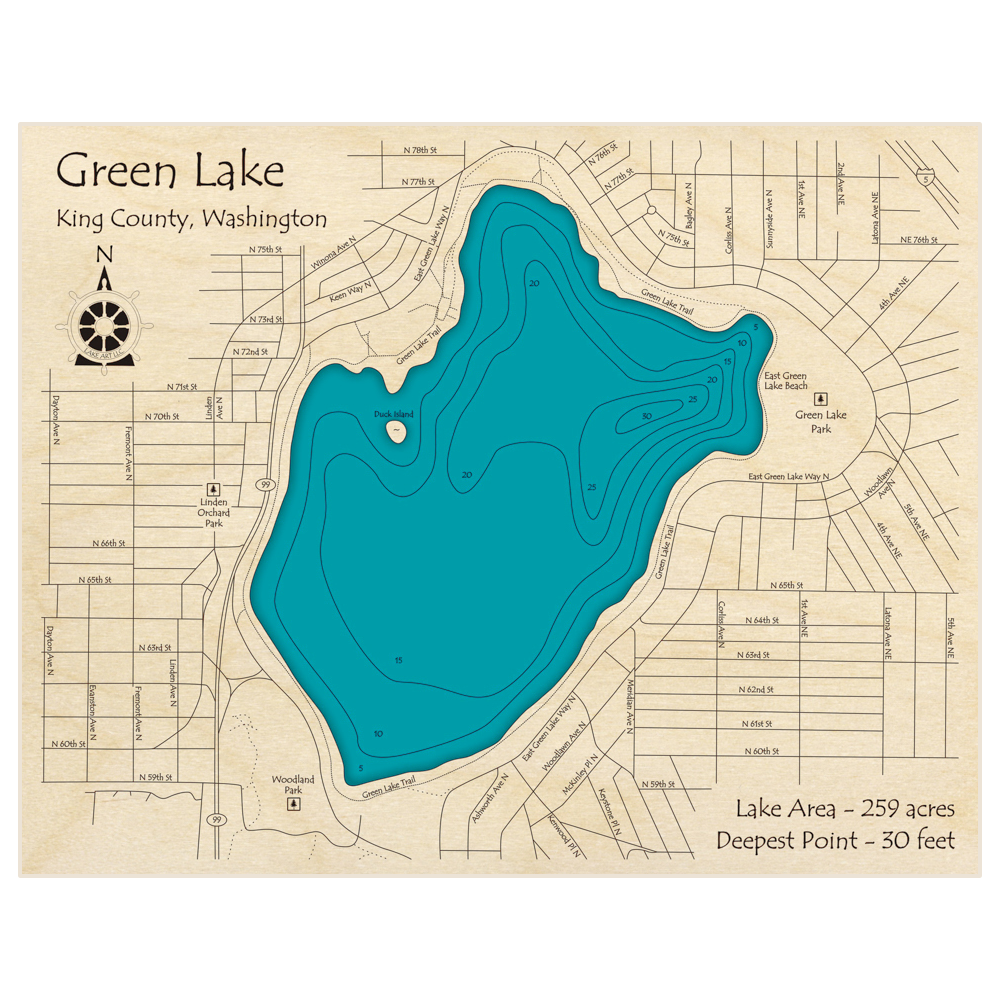Bathymetric topo map of Green Lake with roads, towns and depths noted in blue water