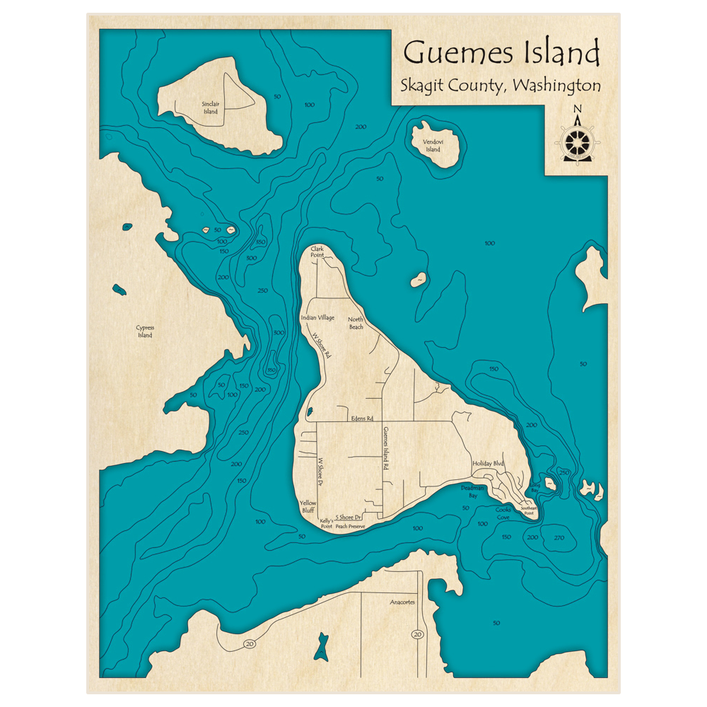 Bathymetric topo map of Guemes Island with roads, towns and depths noted in blue water