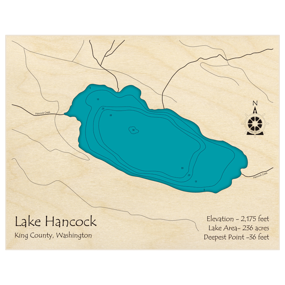 Bathymetric topo map of Lake Hancock with roads, towns and depths noted in blue water
