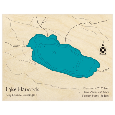 Bathymetric topo map of Lake Hancock with roads, towns and depths noted in blue water