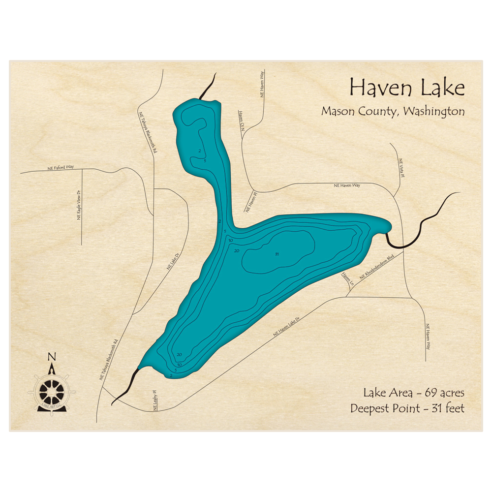 Bathymetric topo map of Haven Lake with roads, towns and depths noted in blue water