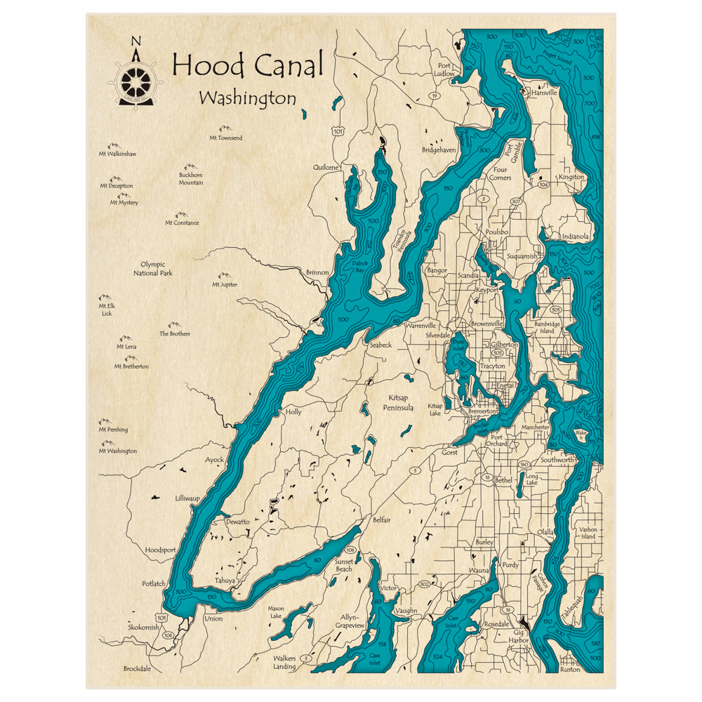 Bathymetric topo map of Hood Canal with roads, towns and depths noted in blue water