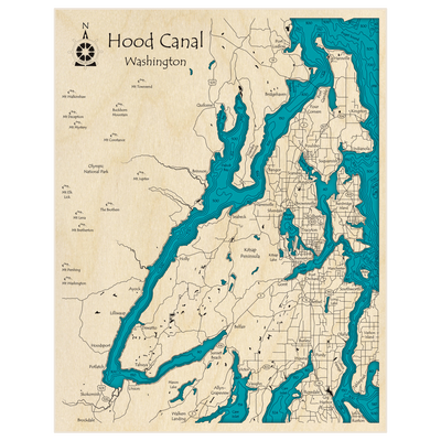 Bathymetric topo map of Hood Canal with roads, towns and depths noted in blue water
