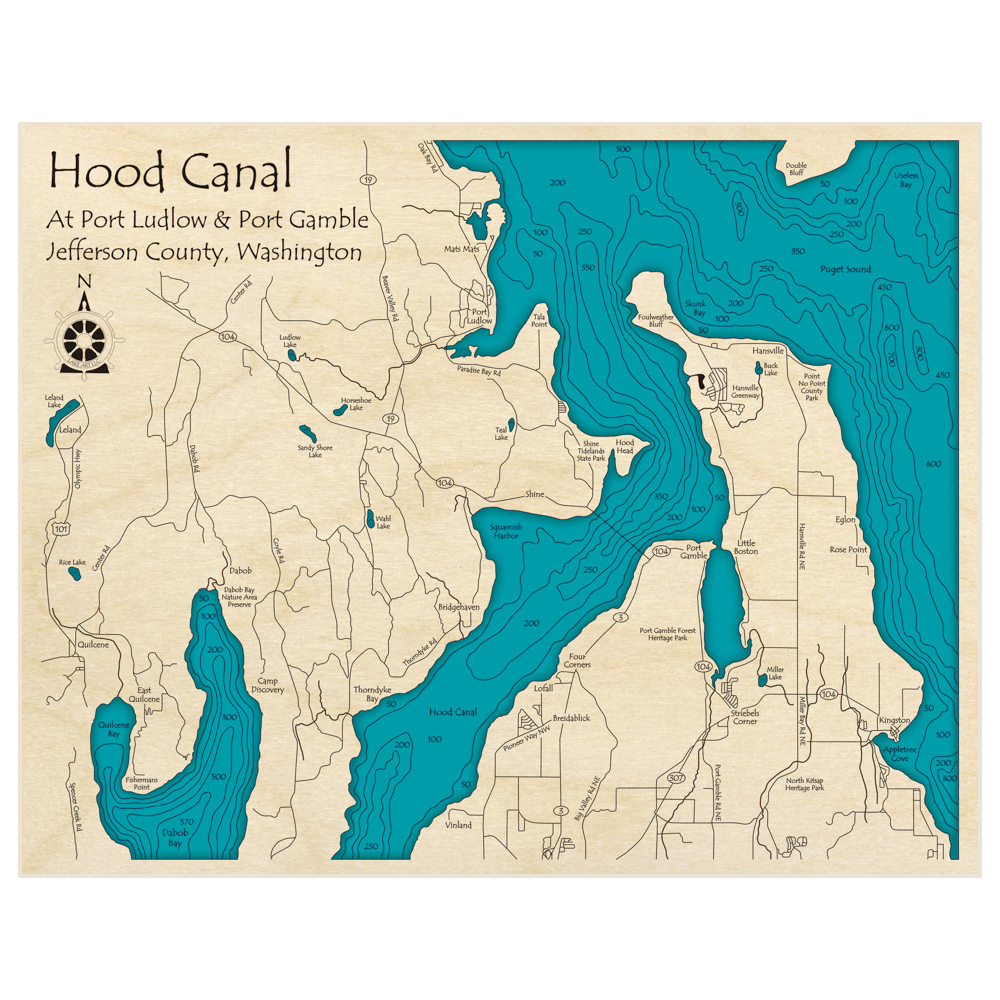 Bathymetric topo map of Hood Canal at Port Ludlow and Port Gamble with roads, towns and depths noted in blue water